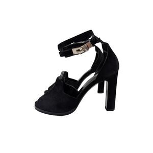 Hermes Black Suede Nina D'Orsay Kelly Palladium Lock Heels Size 36